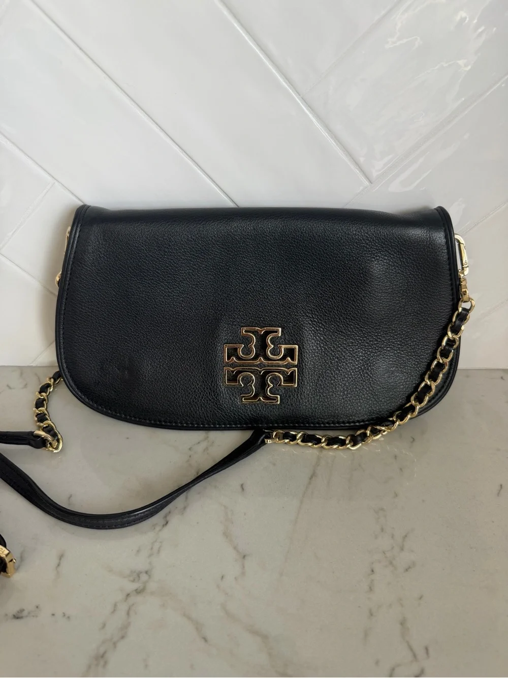 Tory Burch Amanda Black Leather Clutch with Gold Logo